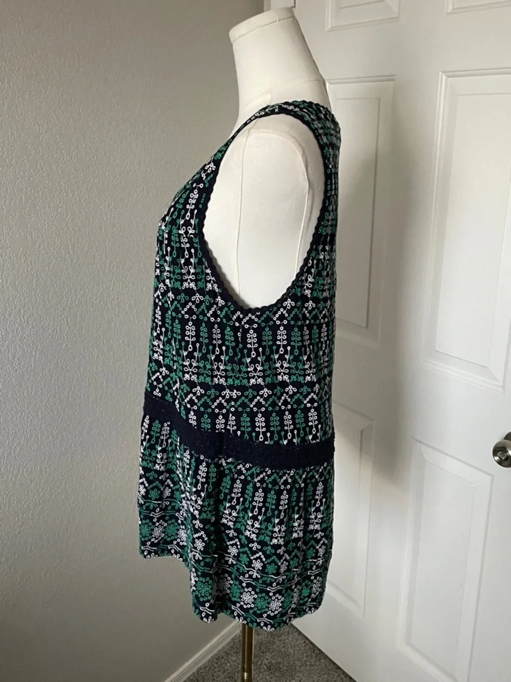 Anthropologie Navy Top with Green and White Floral Embroidery - Picture 4 of 5